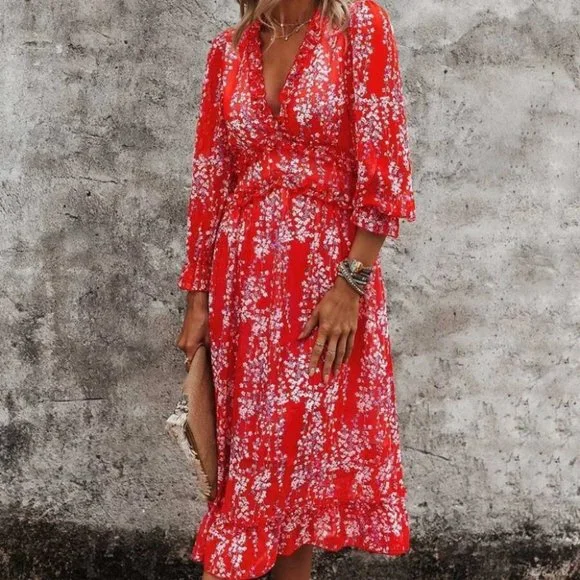 Red Floral Ditsy Ruffle Hem Dress Shabby Chic Cottagecore - Picture 5 of 5